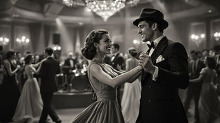 Man and woman dancing in a ballroom with other guests in the background