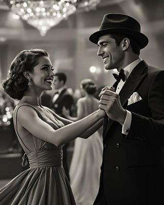 Man and woman dancing in a ballroom with other guests in the background