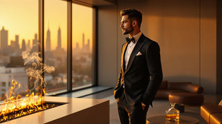 Man in a tuxedo standing in a luxurious room with a cityscape view and fireplace.