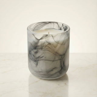 Yin – Shadow Light premium coconut apricot wax candle in sophisticated swirled black and gray marbled artisan glass vessel
