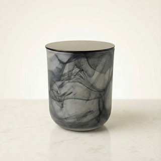 Yin – Shadow Light premium coconut apricot wax candle in sophisticated swirled black and gray marbled glass vessel with sleek matte black lid