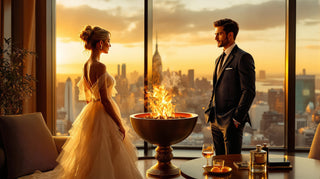 Man and woman in formal attire standing by a fire pit with a city skyline view.