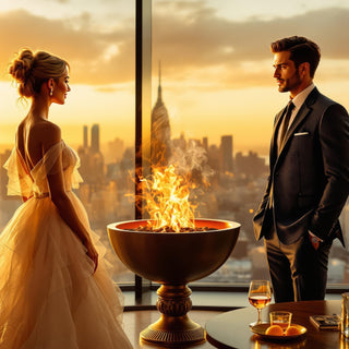 Man and woman in formal attire standing by a fire pit with a city skyline view.