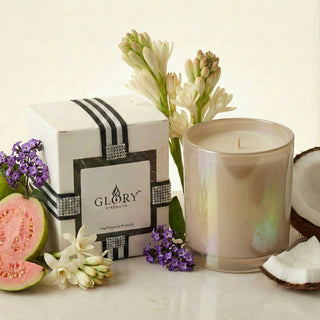 Glory Strength Beachside Dream 8oz luxury candle displayed in gift box with tropical floral arrangement