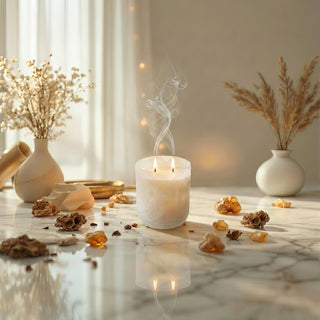 Glory Strength Light Shadow 2-wick luxury candle burning with smoke rising, styled on a polished marble surface in a bright airy room with dried botanicals, amber crystals, and pampas grass