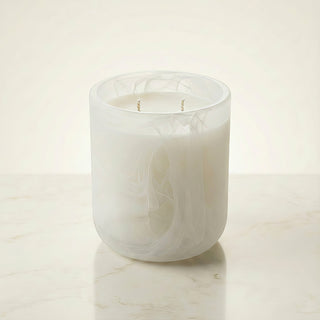 Glory Strength Light Shadow 2-wick luxury candle in a tall white pearl marbled glass vessel, unlit hero product shot on a white marble surface, Yin and Yang Collection