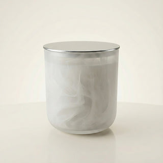 Glory Strength Light Shadow luxury candle in a large white opalescent marbled glass vessel with a polished silver lid, clean product shot on a white surface