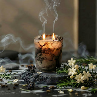 Glory Strength Shadow Light 2-wick luxury candle burning on a dark slate stone, with wisps of smoke rising and surrounded by rosemary sprigs and black jasmine flowers
