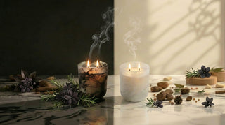 Glory Strength Shadow Light and Light Shadow 2-wick luxury candles burning side by side, separated by a split backdrop of dark and light, each surrounded by their signature botanicals