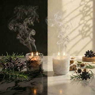 Glory Strength Yin and Yang Collection Shadow Light and Light Shadow 2-wick luxury candles burning with dramatic smoke rising, set against a dark and light split backdrop with rosemary, florals, and spice accents