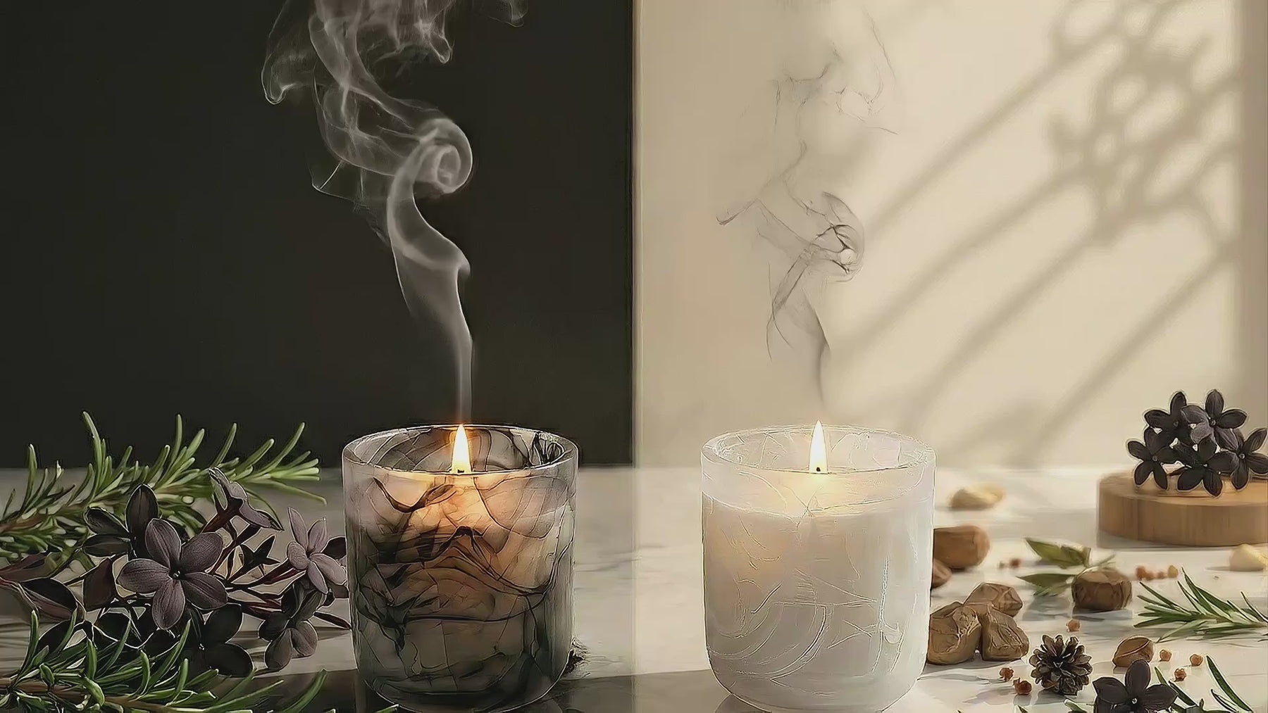 Yin – Shadow Light and Yang – Light Shadow premium coconut apricot wax candles together, elegant black gray and white marbled artisan glass vessels on a marble surface with decorative elements and smoke.