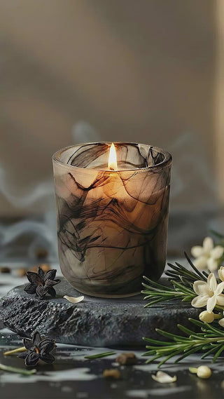 Yin – Shadow Light luxury yin yang candle in marbled black gray vessel styled with black jasmine, rosemary, vanilla pods, sea salt on a black marble surface with decorative elements and smoke.