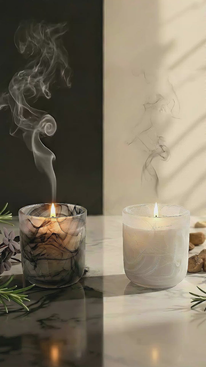 Yin – Shadow Light and Yang – Light Shadow premium coconut apricot wax candles together, elegant black gray and white marbled artisan glass vessels on a marble surface with decorative elements and smoke.